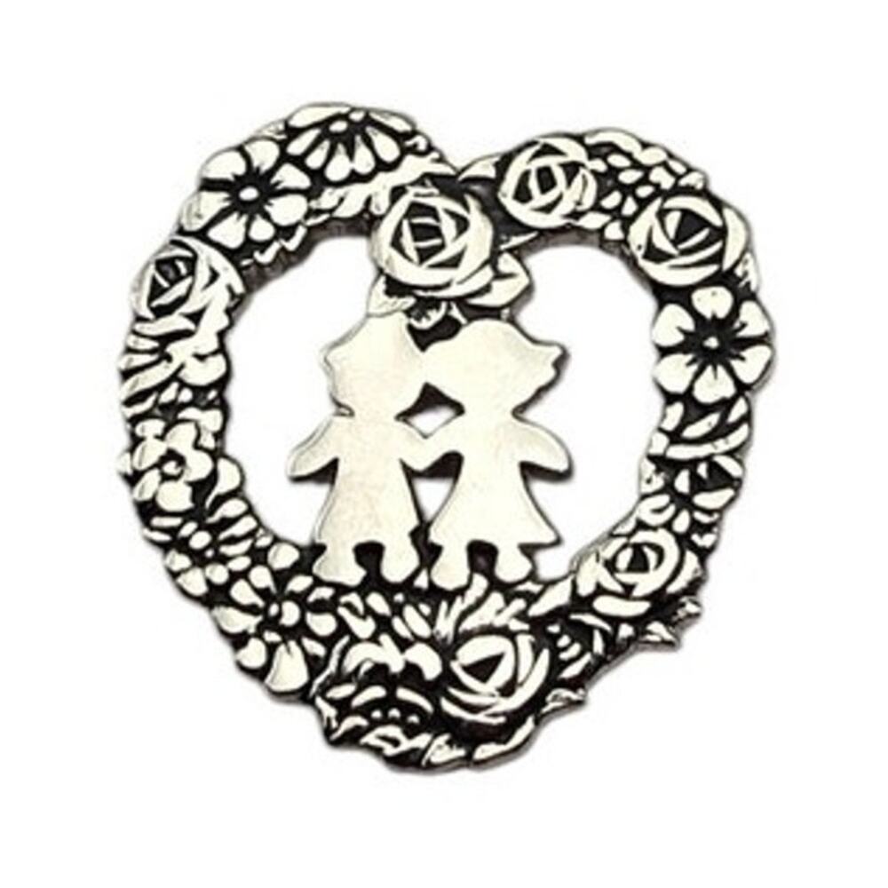 Heart Floral Wreath Brooch Girl Boy Silver Tone Romantic Cottagecore Pin
